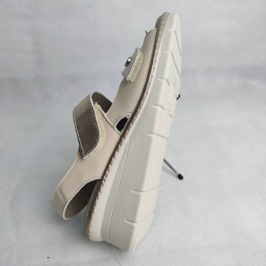 Sandalia Confort Mujer PITILLOS 11010 Piel Crema y Dorado con Velcro – Plantilla Extraíble Ortopédica