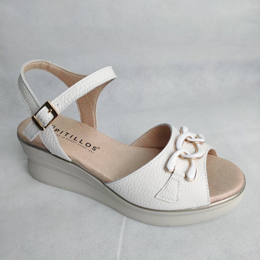 Sandalia Vestir Mujer PITILLOS 11062 Piel Blanca/Crema con Cadena – Cuña Media y Plataforma