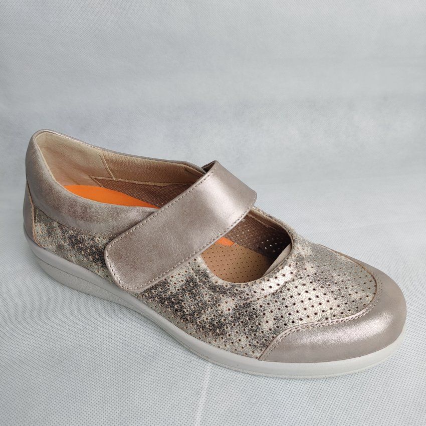 Merceditas Confort Mujer DOCTOR CUTILLAS 43647 Piel y Licra Picada Dorado con Velcro – Memory Foam Ultra Light