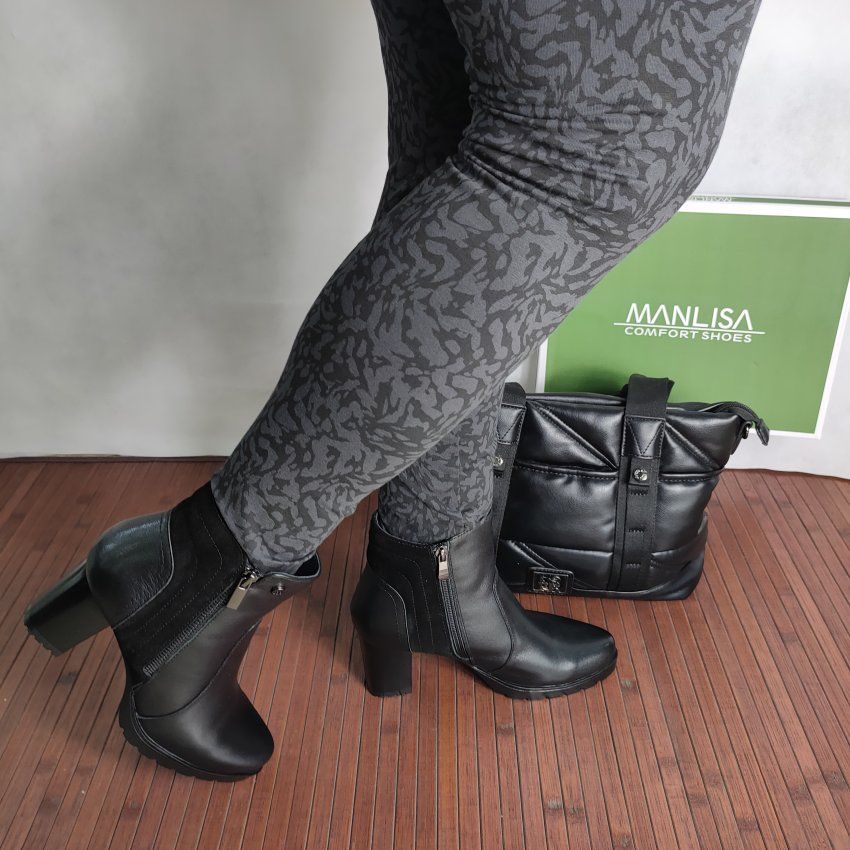 Botín Casual Mujer MANLISA 12222 Piel Napa y Afelpada Negro con Tacón Alto