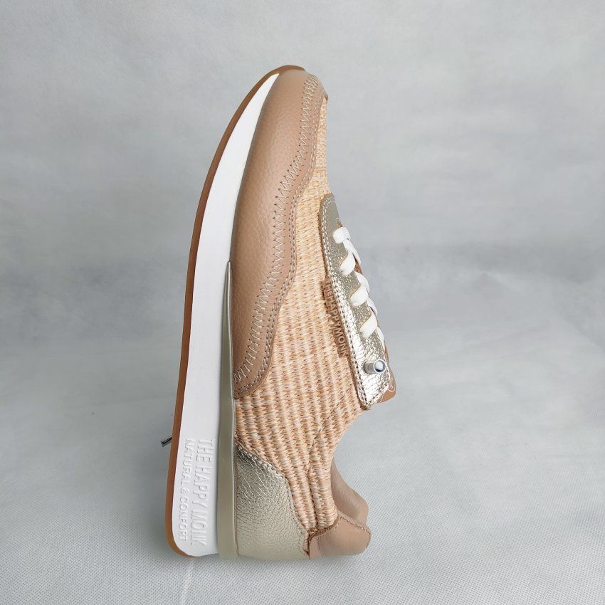Deportivo Casual Mujer THE HAPPY MONK Vanity 019 Piel y Rafia Beige con Cordón Elástico – Memory Gel