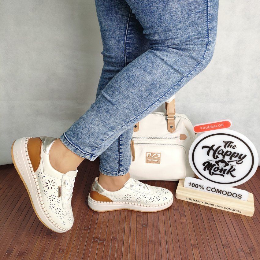 Deportivo Casual Mujer THE HAPPY MONK Alcalá 002 Piel Picada Color Hielo con Cordón Elástico – Memory Gel