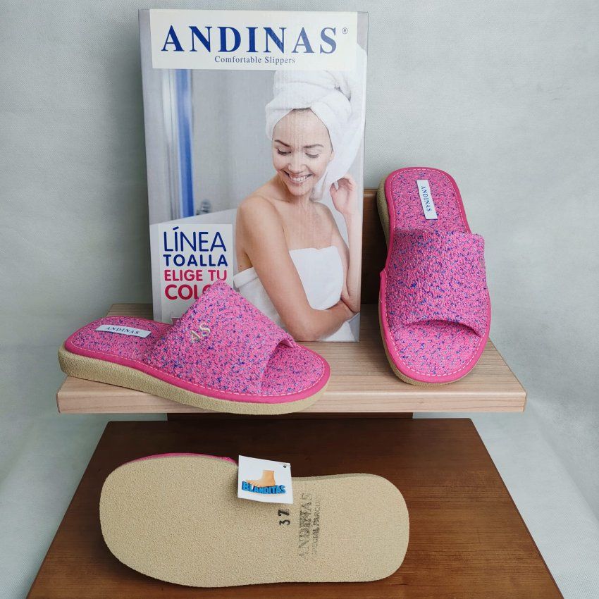 Zapatillas de Casa Mujer ANDINAS Pala Abierta Fucsia con Brillo Azul – Ultraligeras Hechas en España