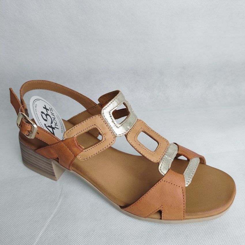 Sandalia Vestir Mujer 48+Hours Piel Cuero Oro y Tostado – Tacón Bajo Confort