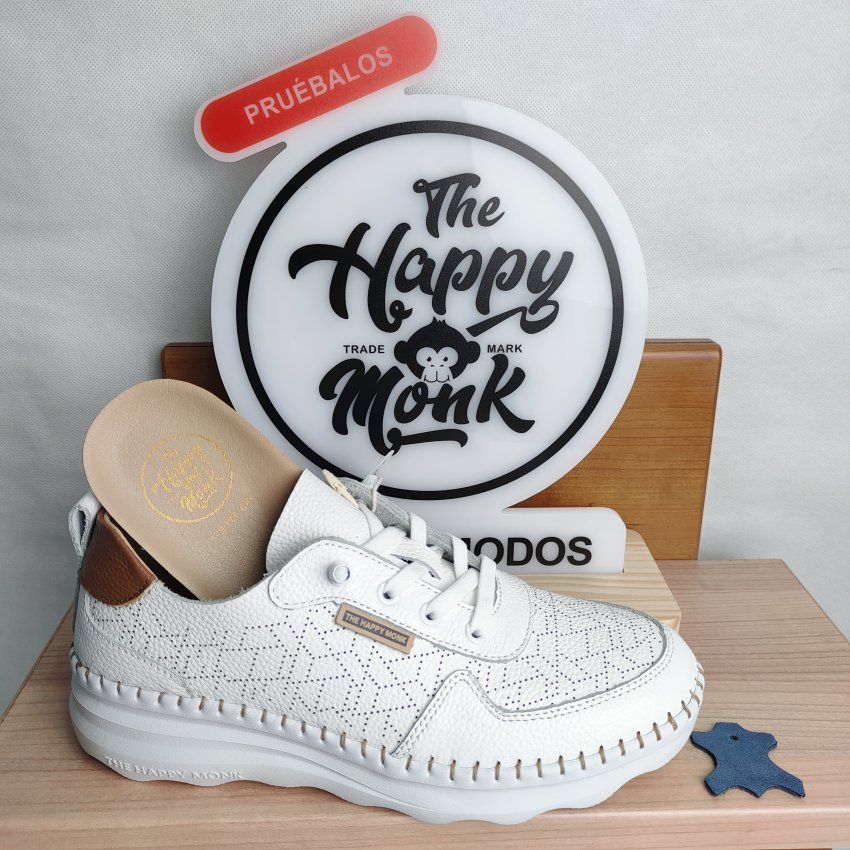 Deportivo Casual Mujer THE HAPPY MONK Calpe 002 Piel Picada Blanco con Cordón Elástico – Memory Gel