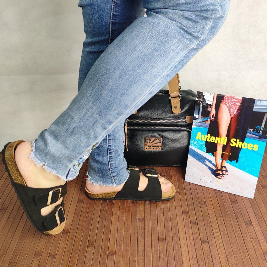 Sandalia Autenti bio mujer en negro y taupe dos hebillas cómoda | VICKY Zapatos