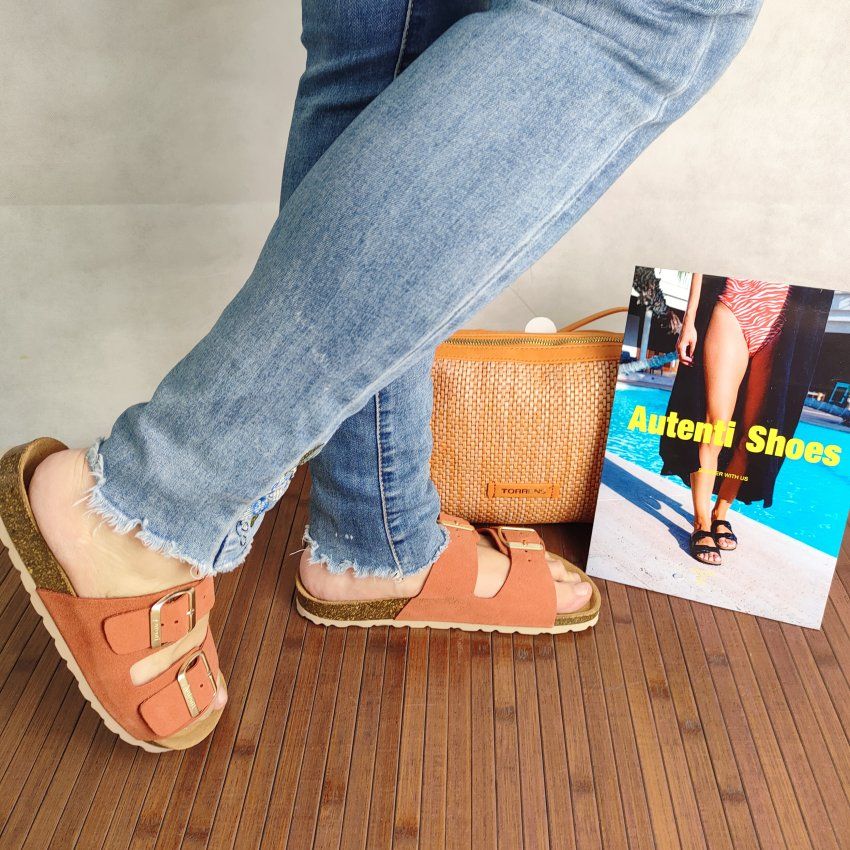 Sandalia BIO Mujer AUTENTI Serraje Teja Dos Hebillas – Planta Anatómica Corcho Natural