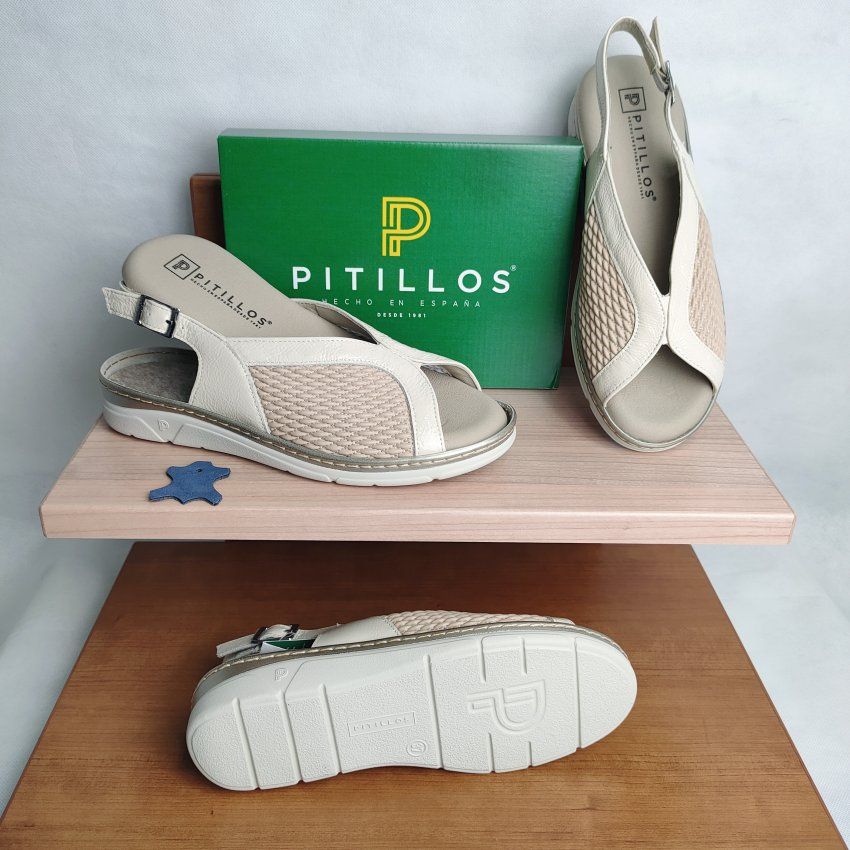 Sandalia Confort Mujer PITILLOS 11004 Piel Beige/Crema con Licra Adaptable – Memory Foam