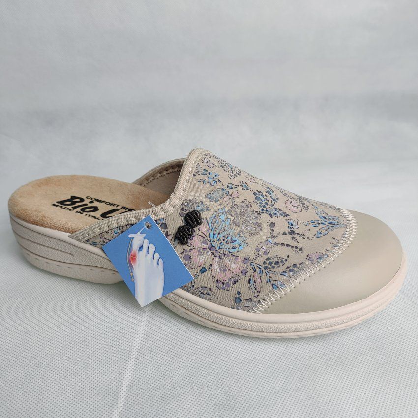 Zueco Confort Mujer BIO UP 553 Licra Adaptable Beige Floral – Memory Foam Antideslizante