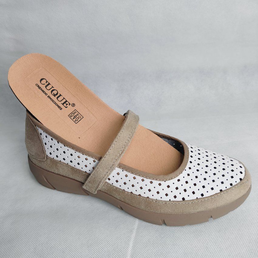 Merceditas Confort Mujer CUQUE 260 Vegano Blanco Picado con Velcro – Memory Foam