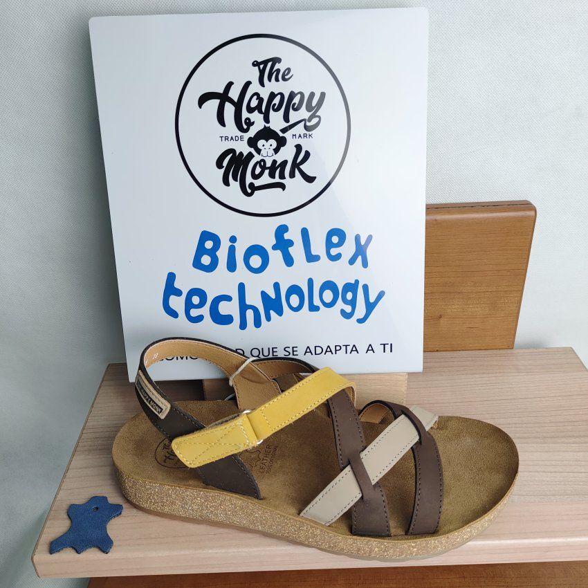 Sandalia BIO Mujer THE HAPPY MONK Formentera 05 Piel Nobuck Mostaza – Tiras Cruzadas y Velcro