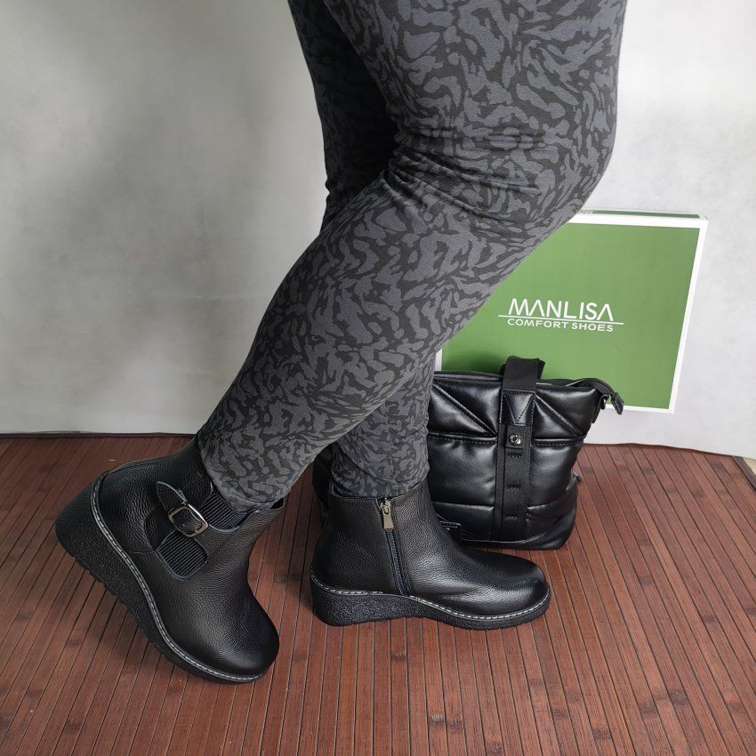Botín Casual Mujer MANLISA 30027 Piel Flor Cuero y Negro con Cremallera