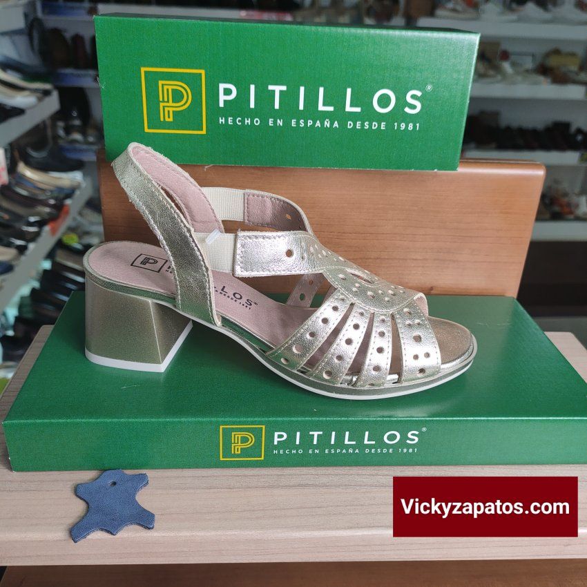 Sandalia en Piel Metalizada y Planta de Gel PITILLOS 10530 Tacón Medio Hechas en España