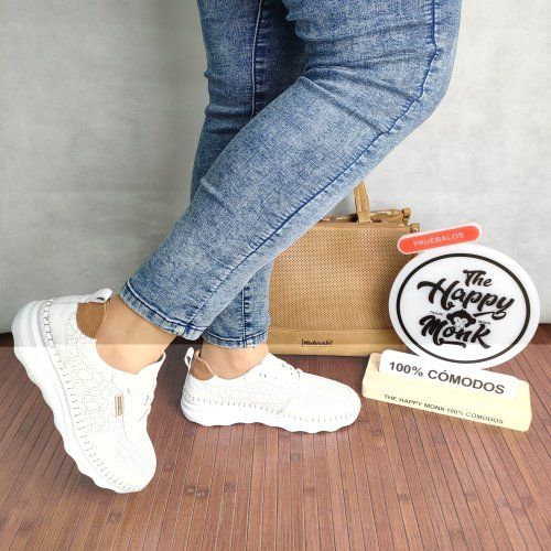 Deportivo Casual Mujer THE HAPPY MONK Calpe 002 Piel Picada Blanco con Cordón Elástico – Memory Gel