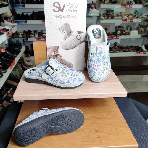 Salvi 29T –  Zueco zapatilla de casa para mujer en tejido Pet nieve con estampado floral   VICKY Zapatos