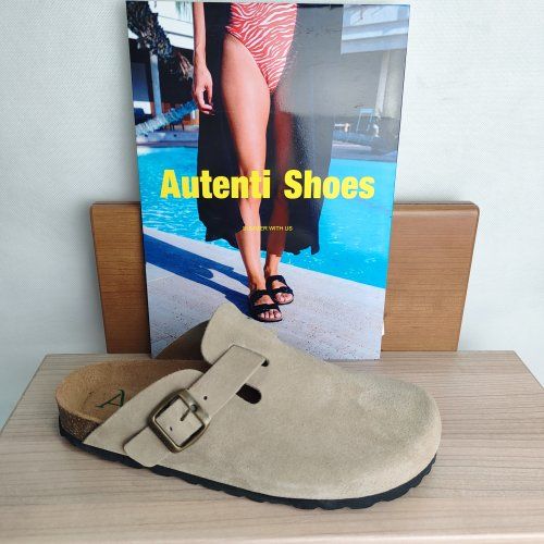 Zueco BIO Mujer AUTENTI Serraje Taupe con Hebilla – Planta Anatómica Corcho Natural