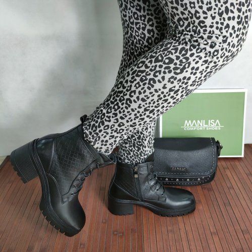 Botín Casual Mujer MANLISA 2180 Piel Negra con Tacón Medio y Plataforma