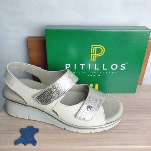 Sandalia Confort Mujer PITILLOS 11010 Piel Crema y Dorado con Velcro – Plantilla Extraíble Ortopédica